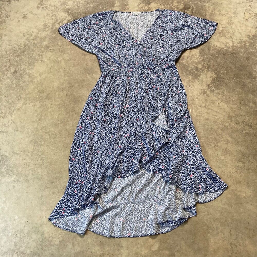 J.CREW Mercantile Dress Womens Small Ruffle Wrap Blue Floral Hi-Low Midi Flutter